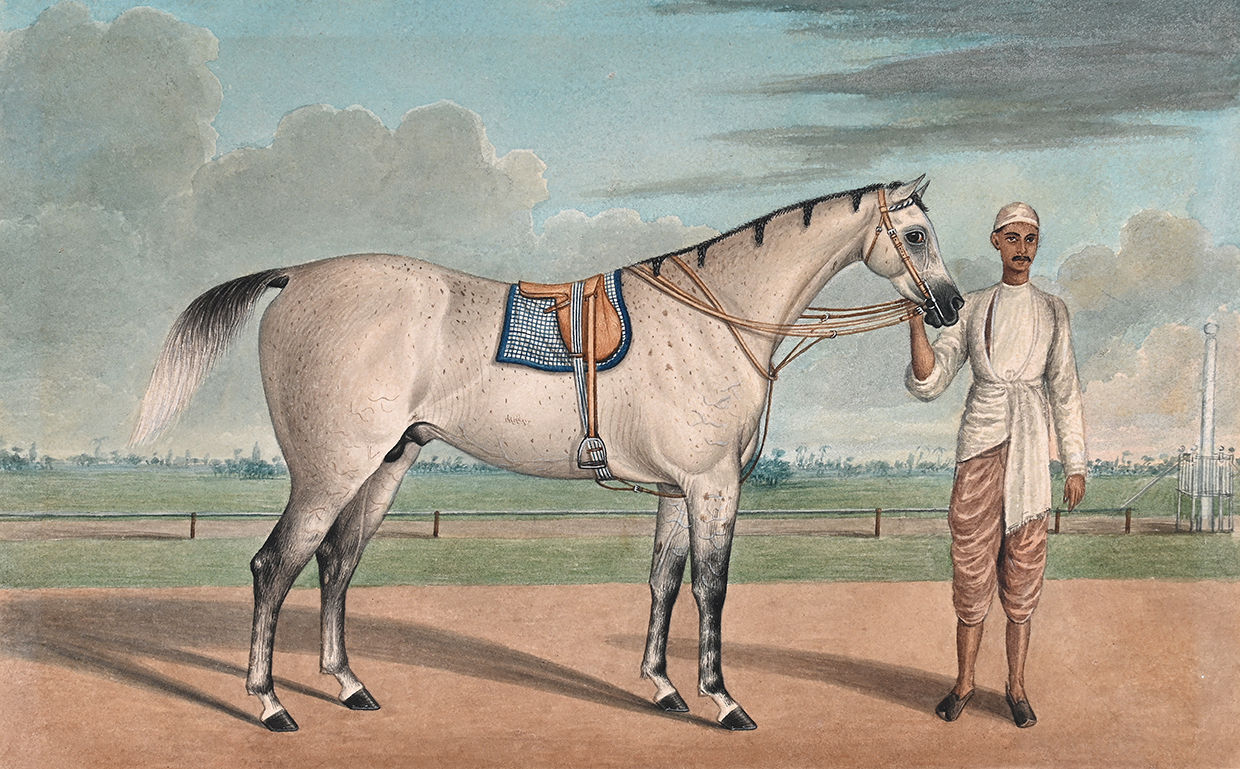 Lot 176 STUDIO OF SHAIKH MUHAMMED OF AMIR KARRAYA (FL. 1830 1850) A WHITE STALLION WITH A GROOM; AND A BAY HORSE WITH A GROOM 2