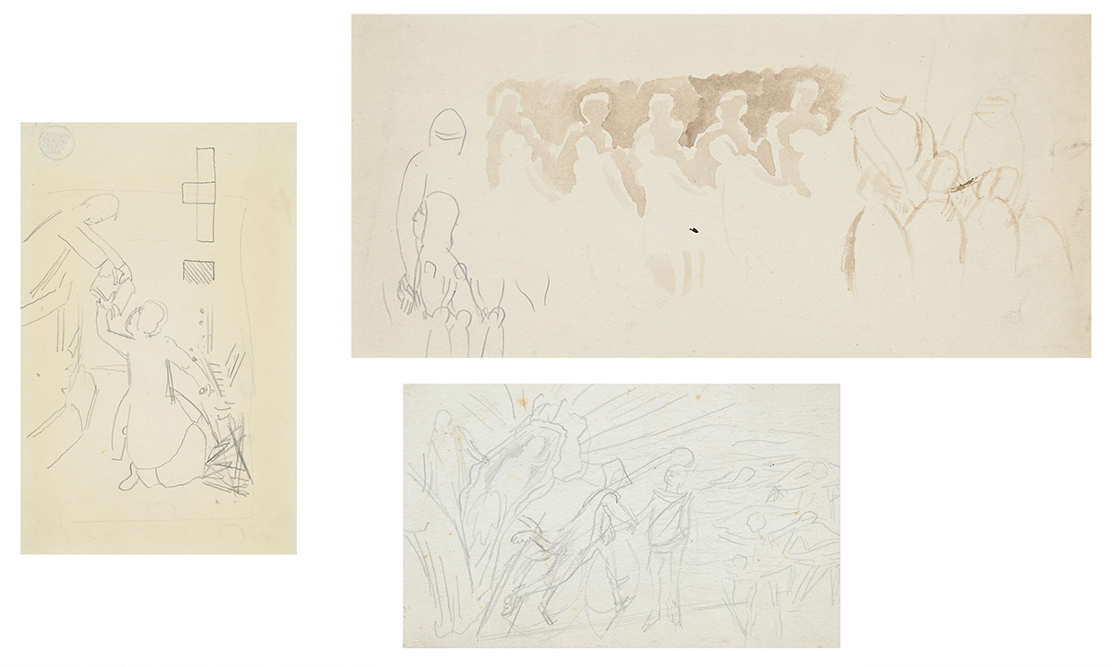Lot 133 SIR STANLEY SPENCER (BRITISH 1891 1959), THREE STUDIES STUDIES OF KNEELING FIGURES; VICAR PASSING THE ORGANIST A BOOK; SHEET OF FIGURES