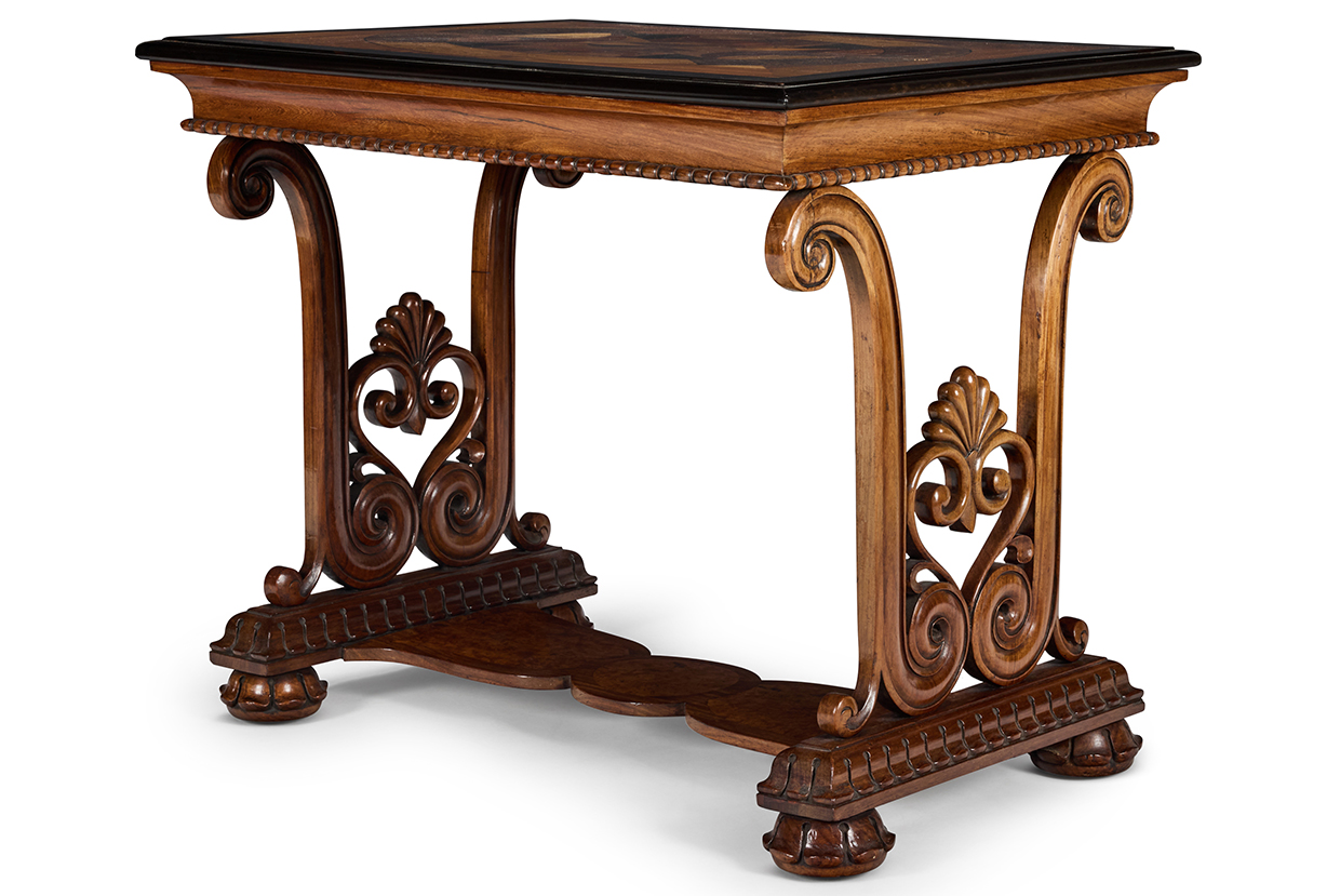 Lot 11 A SINHALESE ROSEWOOD, CALAMANDER AND SPECIMEN PARQUETRY WRITING TABLE, GALLE, CIRCA 1830