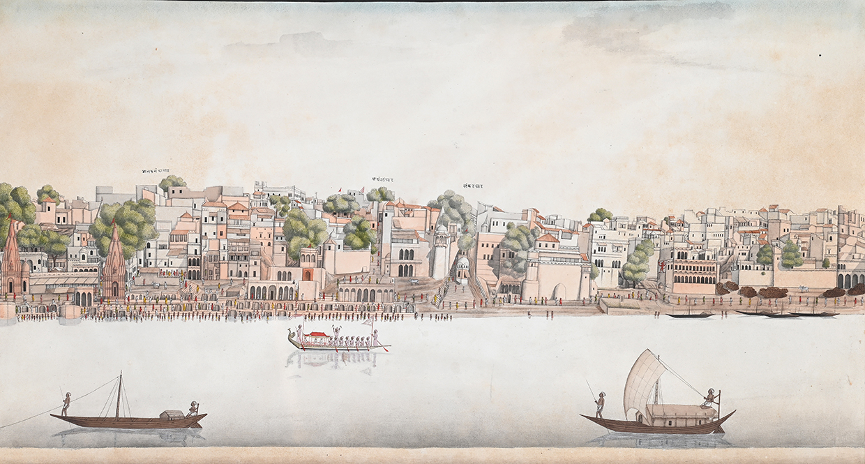 Lot 181 Murshidabad Artist Working For James Hoare (Circa 1790 1795), 'Benares A View Of The Ghats With A 'Mor Paki' Sailing Up A River'