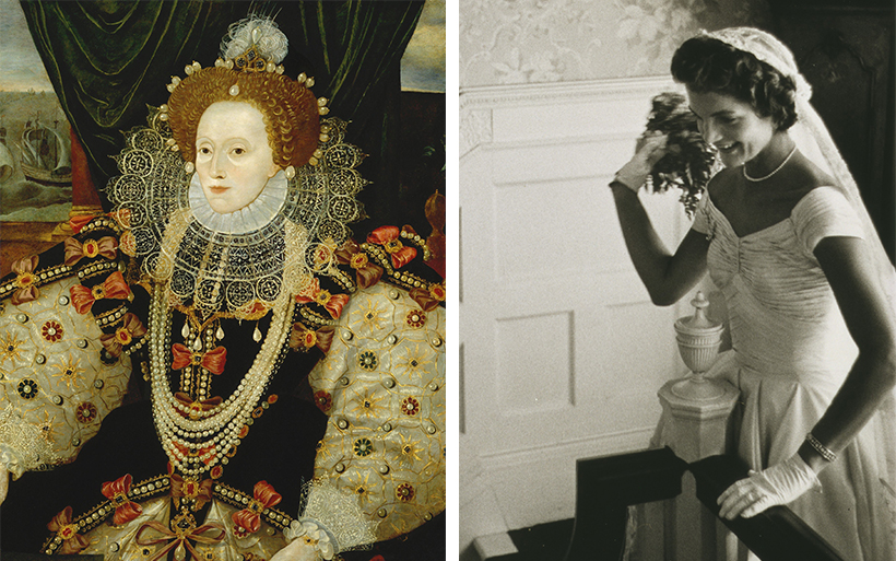 Queen Elizabeth I, Armada Portrait, By George Gower & Jackie Kennedy Wearing Pearls At Her Wedding, Photograph By Toni Frissell | Source Wikimedia Commons