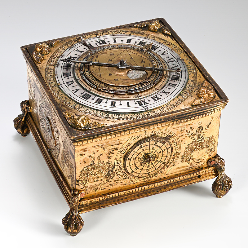 A very rare German renaissance iron and gilt copper quarter-striking astronomical table clock, dated 1583
