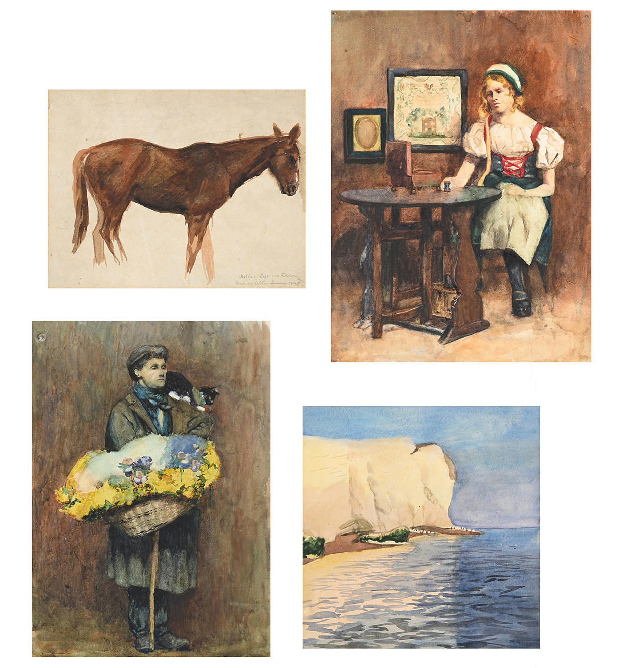 Lot 144 Hilda Carline, 'The Flower Seller'; 'Girl Sewing'; 'White Cliffs'; And A 'Horse'