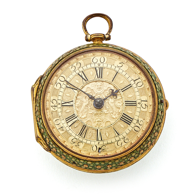 A fine shagreen covered gilt brass verge pocket watch with champleve dial
