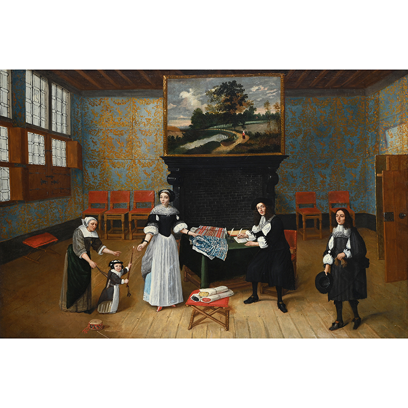 Attributed To Gillis van Tilborgh (Flemish 1615-Circa 1678), An Interior with a Cloth Merchant, His Wife Child and Nanny and Her Son to the Right, oil on canvas