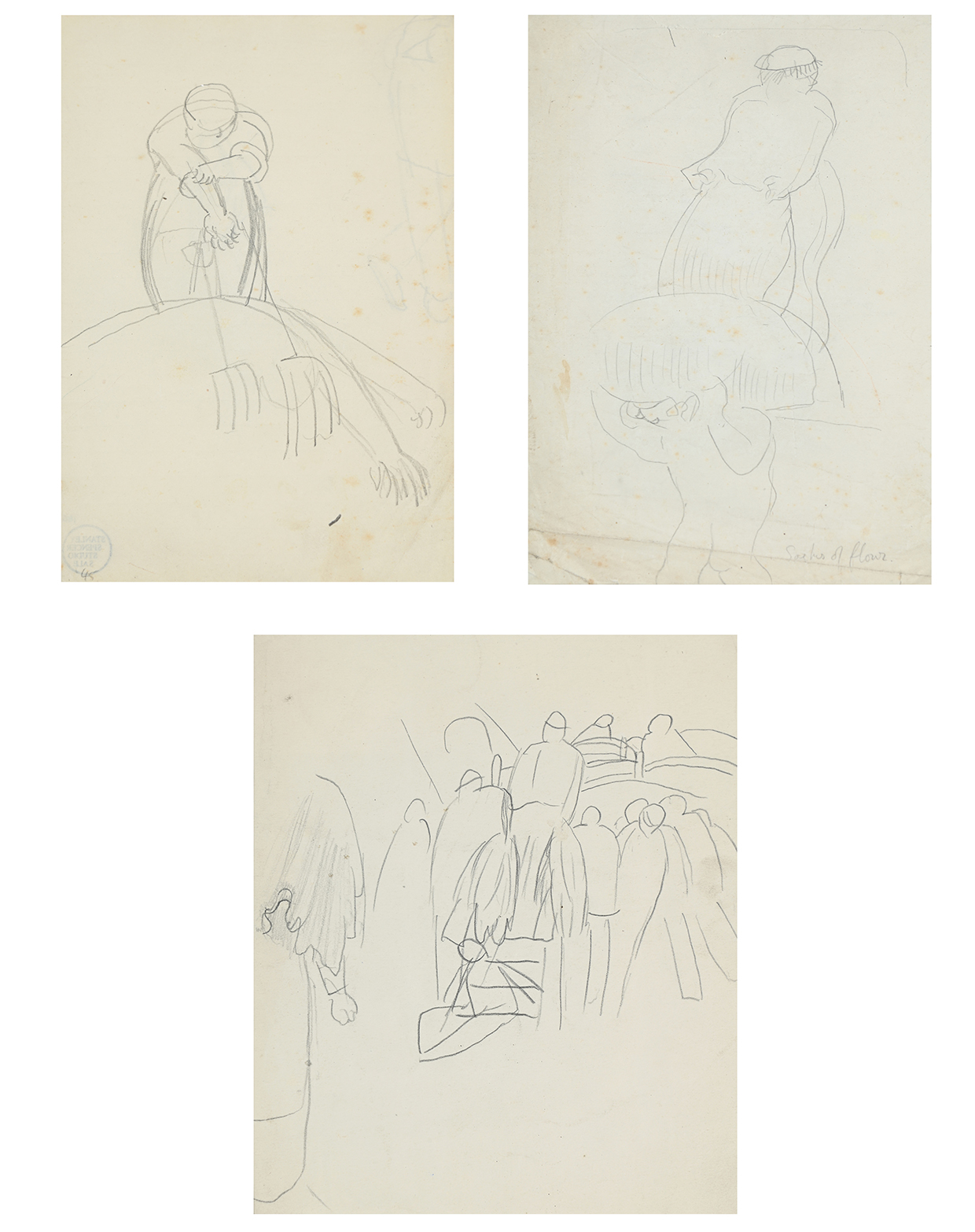 Lot 149 Λ SIR STANLEY SPENCER (BRITISH 1891 1959), THREE FIGURE STUDIES SACKS OF FLOUR; SHEET OF FIGURE STUDIES ONE VEILED; STUDY OF A FIGURE WITH GARDENING FORKS