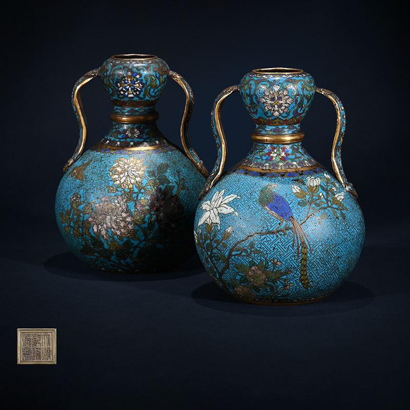 A pair of rare gilt-bronze and cloisonné enamel garlic-head vases, mark of Qianlong and of the period, (1736-1795)