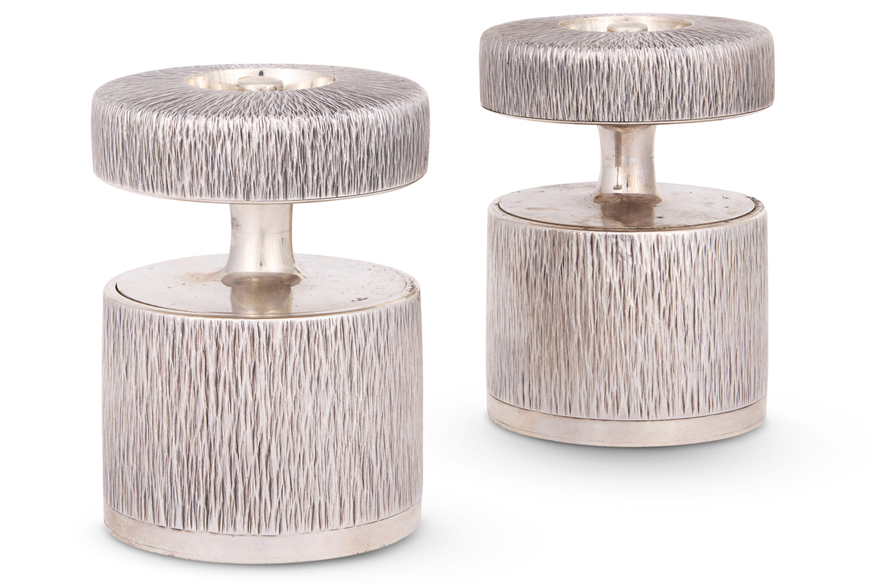 Lot 39 Gerald Benney, A Large Pair Of Silver Pepper Grinders