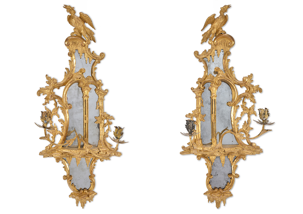 Lot 22 A PAIR OF GEORGE III GILTWOOD GIRANDOLES, CIRCA 1760