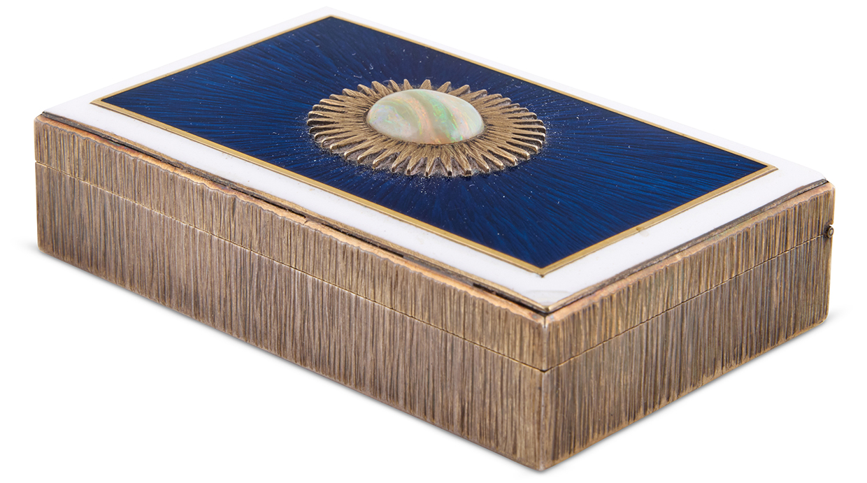 Lot 42 Gerald Benney, A Rare Silver And Blue Enamel And Opal Inset Box
