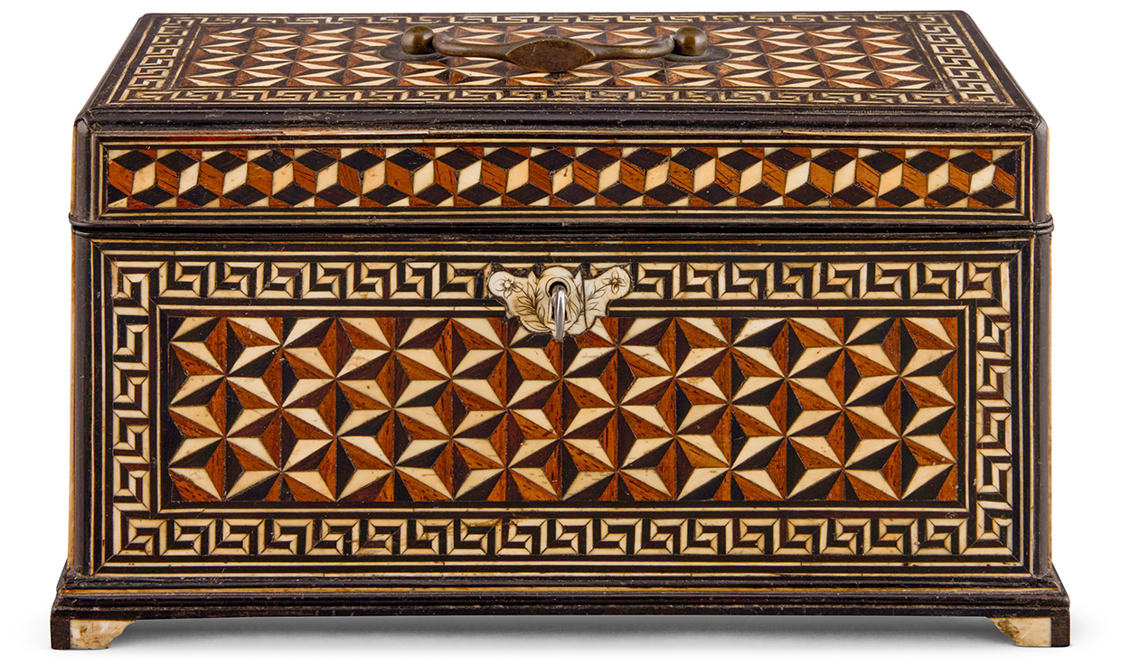 Lot 97 AN INDIAN INLAID EBONY & IVORY PARQUETRY TEA CADDY