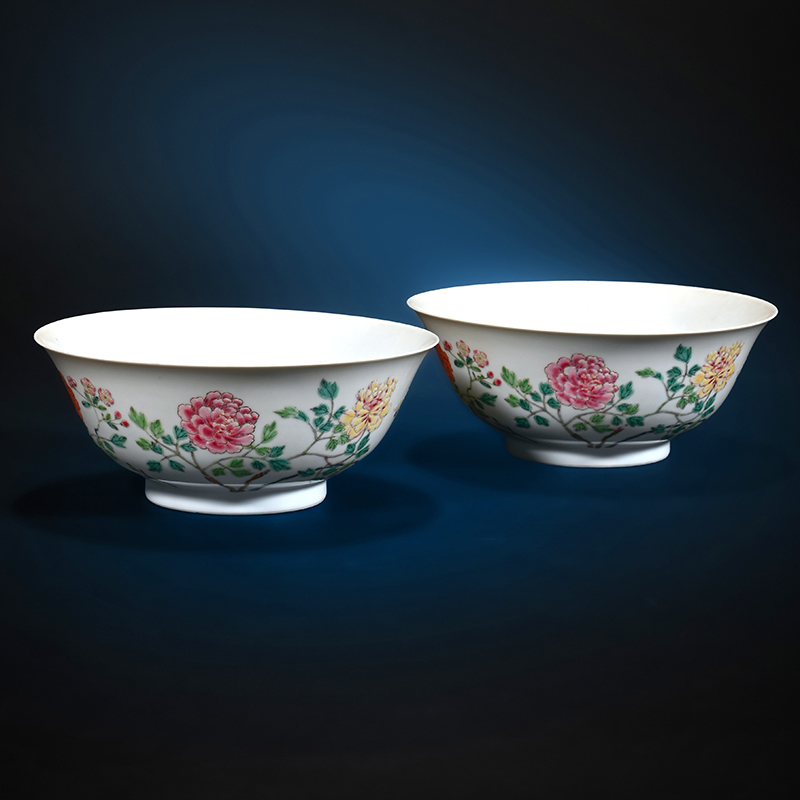 A rare pair of Chinese Famille Rose 'Peony' Bowls, Yongzheng six-character marks and of the Period